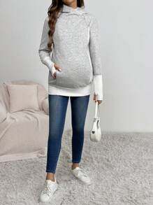 SHEIN 孕妇三合一装饰袋鼠口袋连帽长袖夹克和开衫，适合秋季，适合冬季 - 黑色 - 查看 3