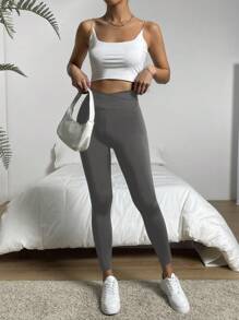 SHEIN EZwear Spring ClothesSolid High Waist Leggings - Dark Grey - View 5