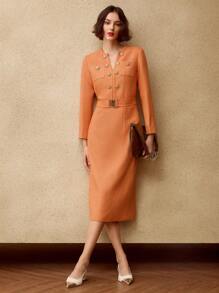 MOTF PREMIUM SOLIDE INKEPING NEK KNOOP DETAIL RIEM MIDI JURK, DAMES OUTFIT
