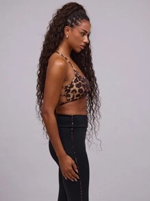 Musera Sport Leopard Print Cross Backless Crop Sports Halter Top Holiday Festival Going Out Tops Club Fall Winter Cheetah Print Christmas,Elegant