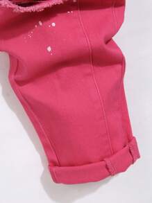 Manfinity Roughcore 男式纯色纽扣前口袋破洞休闲牛仔裤 - 玫紅色 - 查看 7