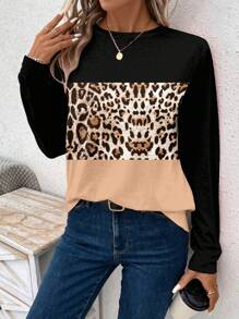 SHEIN LUNE 1 件女式纯色拼色圆领长袖简约 T 恤，休闲日常穿着 - 彩色 - 查看 3