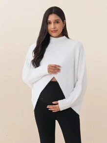 SHEIN Women Turtleneck Long Sleeve Crossed Hem Pullover Sweater Dress, Solid Color, Suitable For Pregnancy, Autumn/Winter, For Maternity - White - View 3