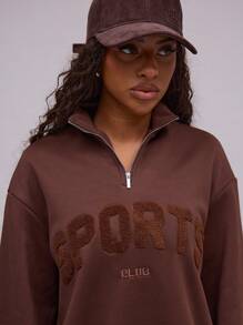Musera Sport Half Zip High Neck Slogan Sweatshirt - Coffee Brown - View 5