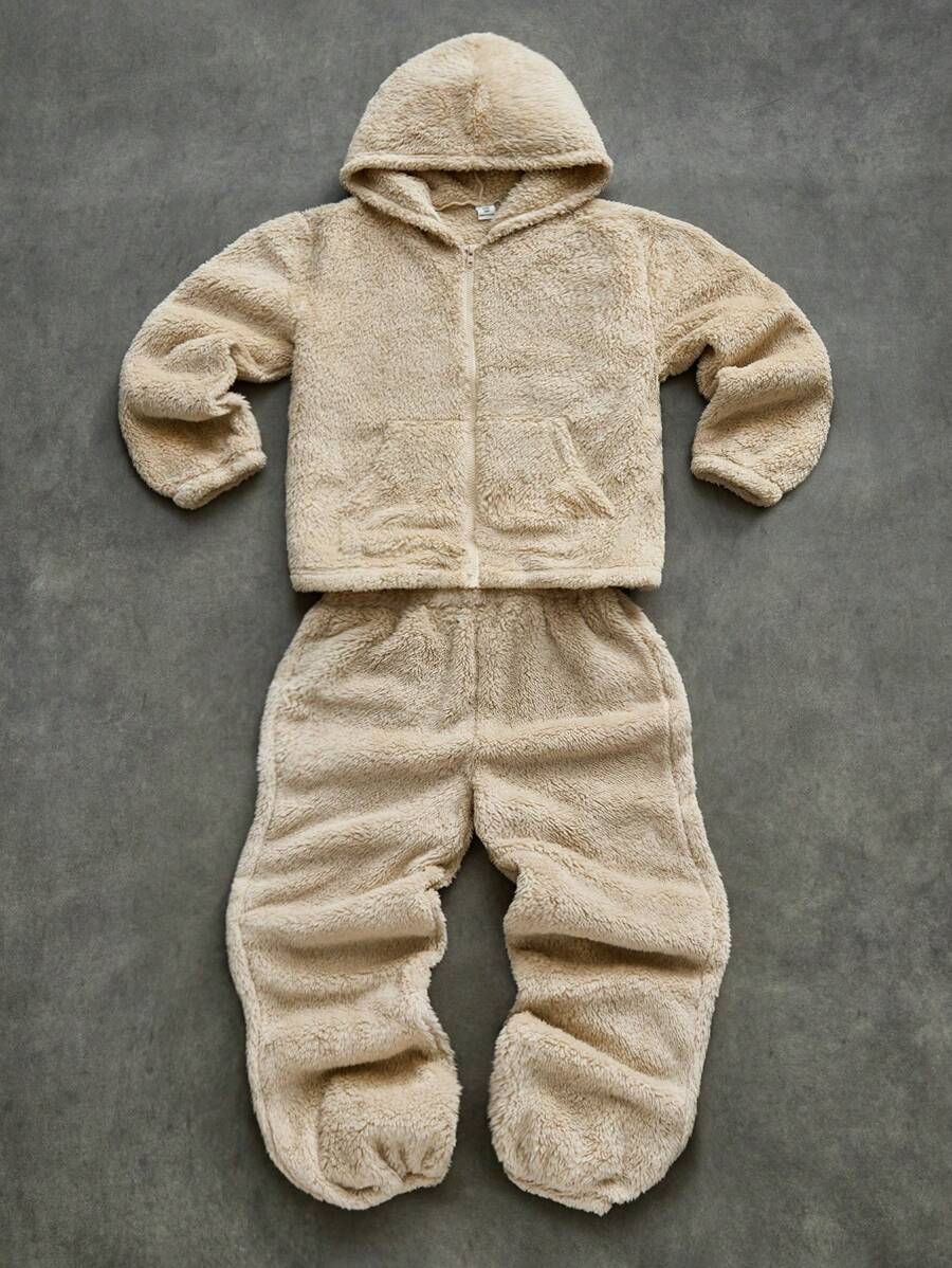 SHEIN 2pcs Tween Boy Loose Fit Fleece Hooded Sweatshirt And Jogger Pants Set - Brown - View 1