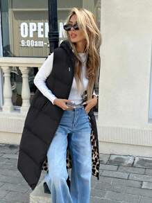 SHEIN Frenchy 女款豹纹连帽无袖棉服大衣 - 黑色 - 查看 6