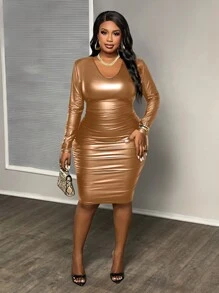 Slaydiva Váy bó sát da PU cỡ lớn có dây rút có thể điều chỉnh ở phía sau-Z, cho mùa đông - Vàng - Xem 3