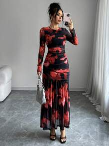 Firerie Váy dài vừa phải in họa tiết hoa cho nữ có viền xếp nếp - Nhiều màu - Xem 2
