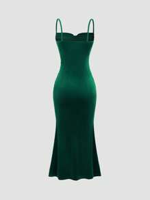 Sweetra 1 chiếc váy liền thân không tay xếp ly màu trơn thanh lịch cho trang phục dự tiệc ngày lễ Maxi nhung dành cho nữ - Màu xanh lá cây đậm - Xem 2