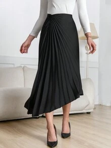 SHEIN Privé 1pc Women Casual Versatile Elegant Asymmetric Pleated Skirt, Suitable For Autumn/Winter
