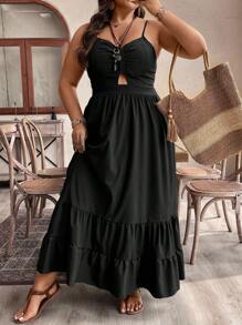 SHEIN LUNE Vestido largo de verano talla grande para mujer con abertura, tirantes finos, volantes y pliegues casuales