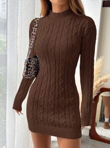 SHEIN EZwear Women's Solid Color Long Sleeve Backless Fitted Sweater Dress, Autumn/Winter - Brown - View 6