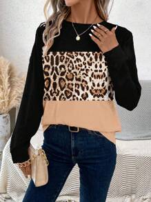 SHEIN LUNE 1 件女式纯色拼色圆领长袖简约 T 恤，休闲日常穿着 - 彩色 - 查看 1