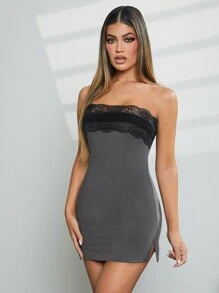 Hauture Robe tube minimaliste et quotidienne pour femme, de couleur unie avec décoration en dentelle - Gris - Voir 6