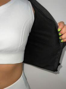 Seamless Thumb Hole Zip Up Long Sleeve Active Jacket - Black - View 3