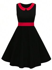 SHEIN Clasi Plus Size Contrast Color Peter Pan Collar Sleeveless A-Line Dress - Black - View 1