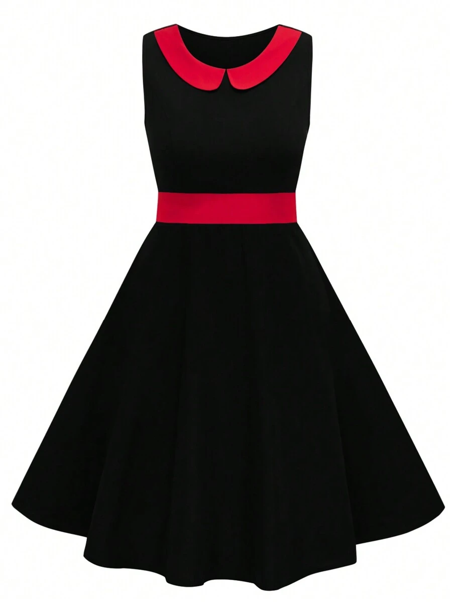 SHEIN Clasi Plus Size Contrast Color Peter Pan Collar Sleeveless A-Line Dress - Black - View 1
