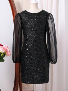 SHEIN Elladie kids Tween Girls 优雅亮片薄纱长袖连衣裙，适合秋季、春季和冬季通勤和聚会，黑色连衣裙，派对连衣裙 - 黑色 - 查看 7