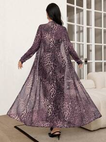 Modelyn 2pcs Women Elegant Leopard Print Mesh Dress & Coat Set For Autumn - Purple - View 2