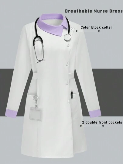 TaskEZ 拼色前扣长袖简约口袋护士连衣裙