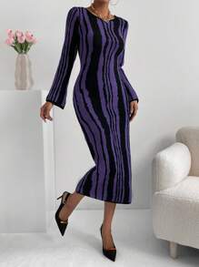 SHEIN Unity 女士优雅拼色圆领修身毛衣裙，秋冬 - 彩色 - 查看 4