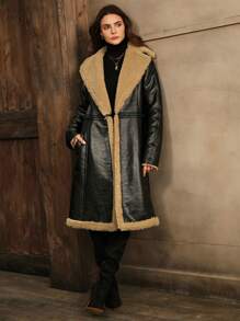SHEIN x Carly Lawrence Anewsta 1pc Fashionable Premium Modern Detachable Faux Shearling Black Coat For Autumn/Winter - Black - View 8