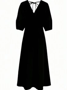 INAWLY 女士纯色 V 领前纽扣休闲长裙 - 黑色 - 查看 2