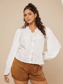 SHEIN VCAY Plus Size Women Casual French Style Solid Color Embroidered Lantern Sleeve Loose Blouse Shirt - White - View 4