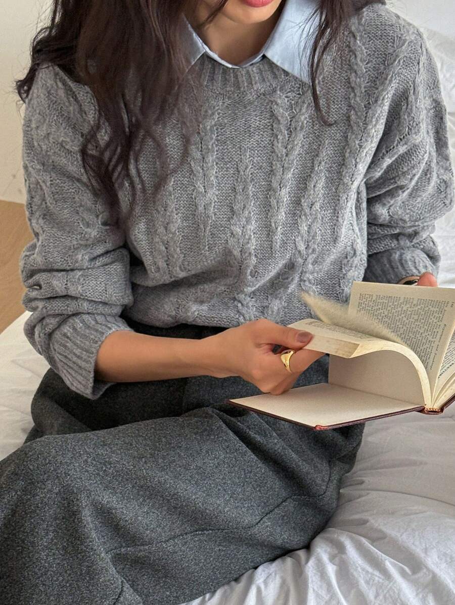 DAZY Autumn New Round Neck Solid Color Sweater For Women - Grey - View 1