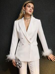 MOTF SOLID PEAK COLLAR CONTRAST FUZZY CUFF DOUBLE BREASTED PLACKET BLAZER - White - View 6