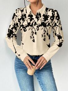 SHEIN Clasi 1 件女式前扣长袖花卉印花衬衫，日常休闲 - 杏色 - 查看 6