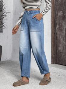 SHEIN LUNE Women's Simple Front Button Pockets Casual Jeans, For Everyday Wear - Blue - View 6