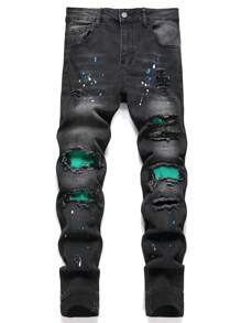 Manfinity EMRG 男式时尚百搭做旧斜口袋洗水牛仔裤 - 黑色 - 查看 1