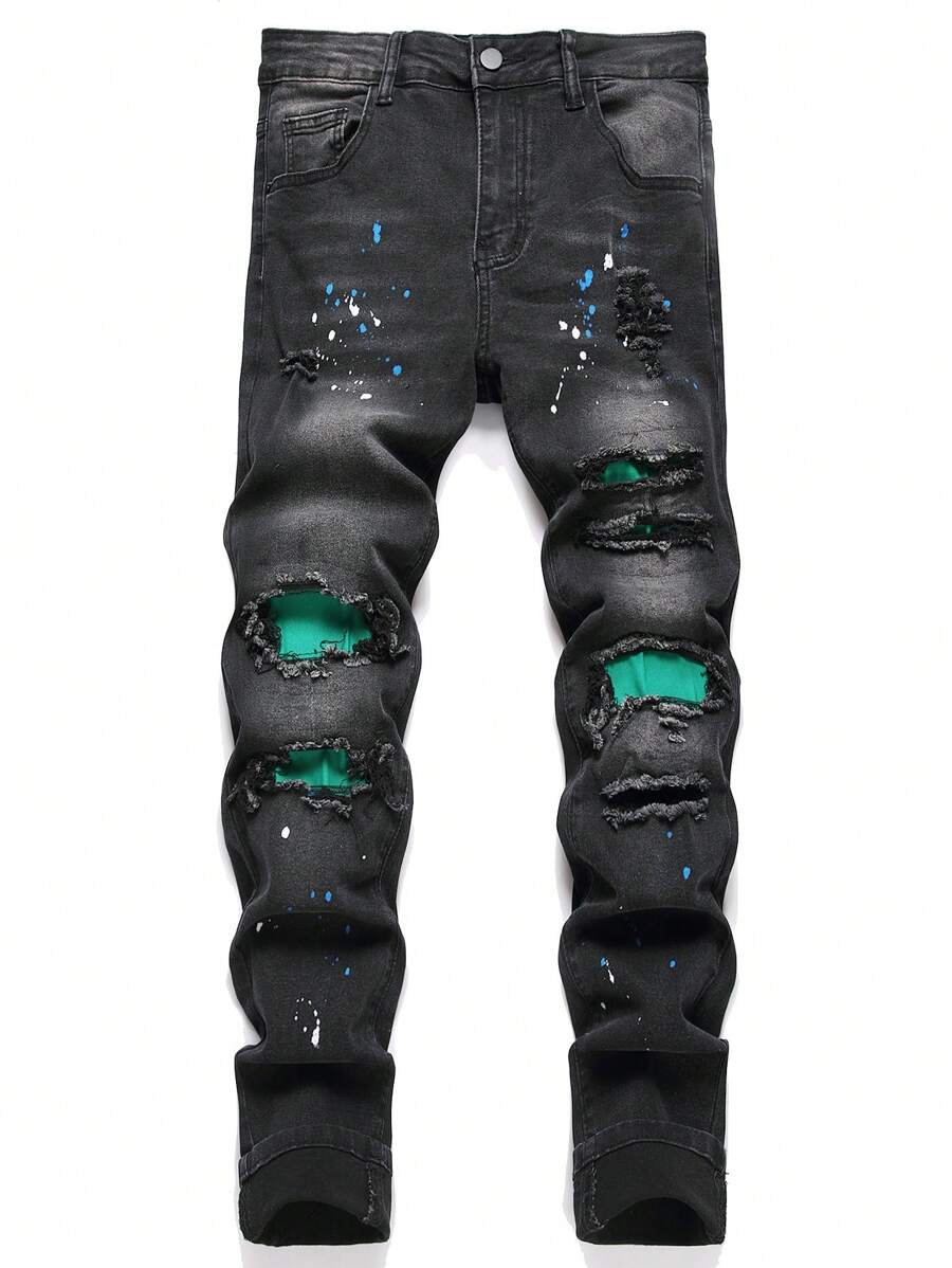 Manfinity EMRG 男式时尚百搭做旧斜口袋洗水牛仔裤 - 黑色 - 查看 1