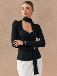 SHEIN Unity Camiseta de manga larga de punto elegante y ajustada para mujer, de uso casual en otoño - Negro - Ver 3