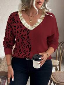 Calvaya Plus Size Casual Leopard Pattern Contrast Sequin V-Neck Dropped Shoulder Pullover Sweater Knit Pullover Fall Winter - Burgundy - View 4