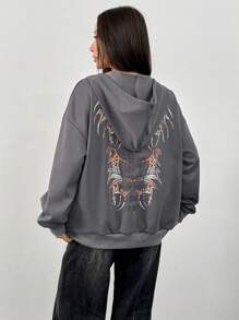 SHEIN Unity 女士休闲字母印花拉链抽绳连帽卫衣，适合秋季户外活动套头衫 - 灰色 - 查看 5