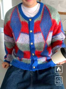 Claim Dot Men's Autumn/Winter Geometric Pattern Drop Shoulder Long Sleeve Single-Breasted Casual Cardigan - Multicolor - View 5