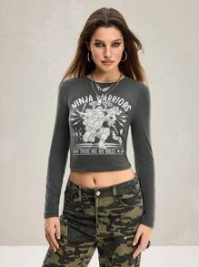 TEENAGE MUTANT NINJA TURTLES | SHEIN Women's Casual Cartoon Turtle & Slogan Print Slim Long Sleeve Cropped T-Shirt,Thermal For Winter