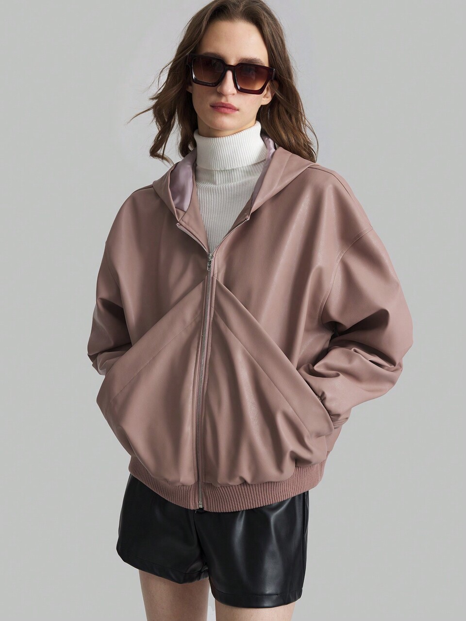 Pink Faux Leather Hooded Loose Fit Pocketed Motorcycle Jacket, For Youth, Autumn/Winter