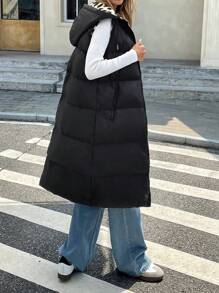 SHEIN Frenchy 女款豹纹连帽无袖棉服大衣 - 黑色 - 查看 2