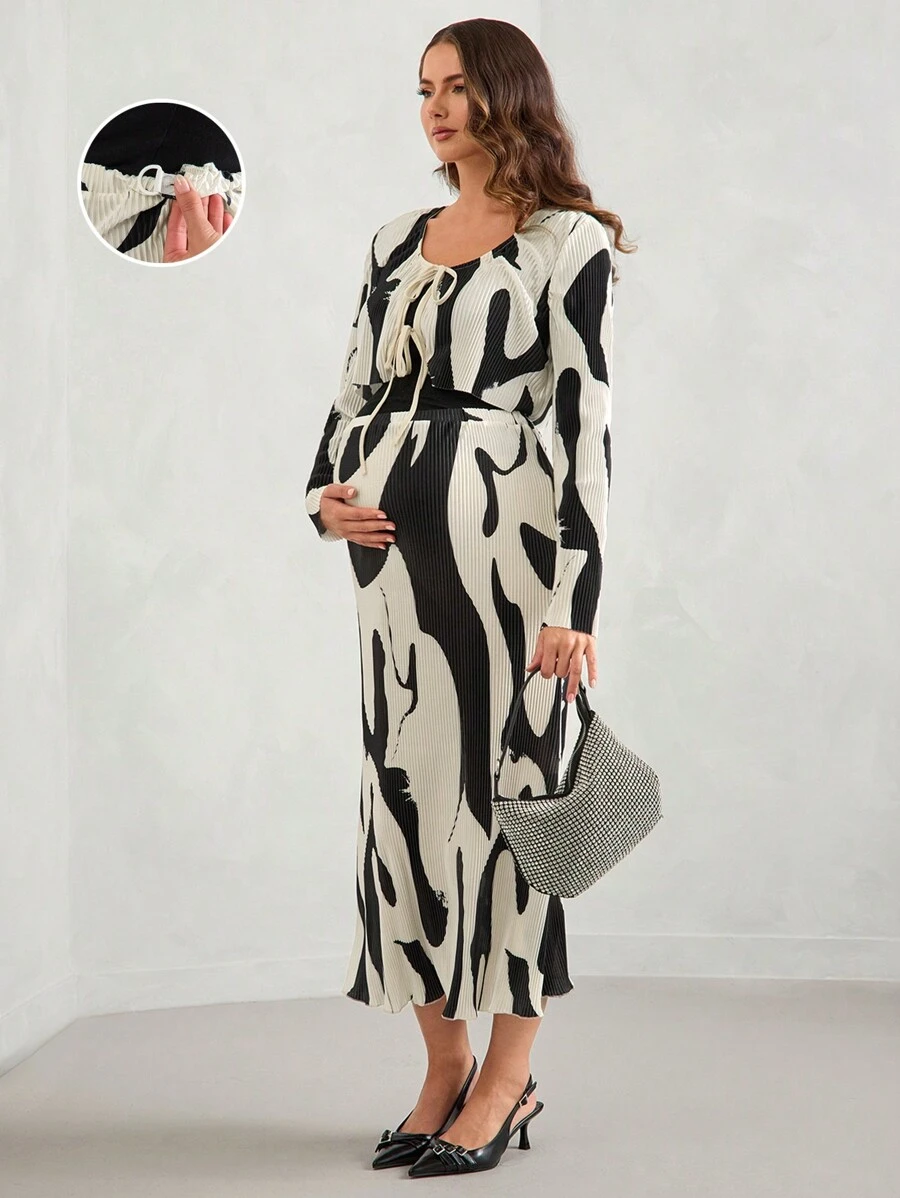 MaterniChic 孕妇优雅甜心领前褶皱长袖衬衫和鱼形下摆，2 件套 - 杏色 - 查看 1