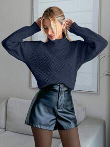 EURMUSE Women Solid Color Diamond Pattern Turtleneck Pullover - Grey - View 2
