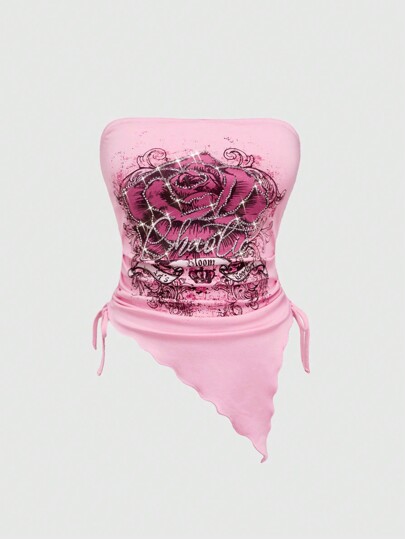 J-Fashion Top a canottiera corto da donna con stampa grafica di rose e strass, stile Y2K