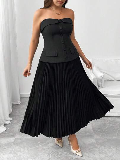 SHEIN Unity 加大码纯色紧身胸衣上衣搭配百褶裙，两件套优雅套装