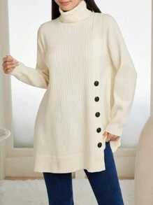 Mulvari Korean Style Loose High Neck Mid-Length Sweater Women, Slouchy Casual Pullover Knit Top, Asymmetrical Hem Minimalist Design Knit Pullover Fall Winter Outfit