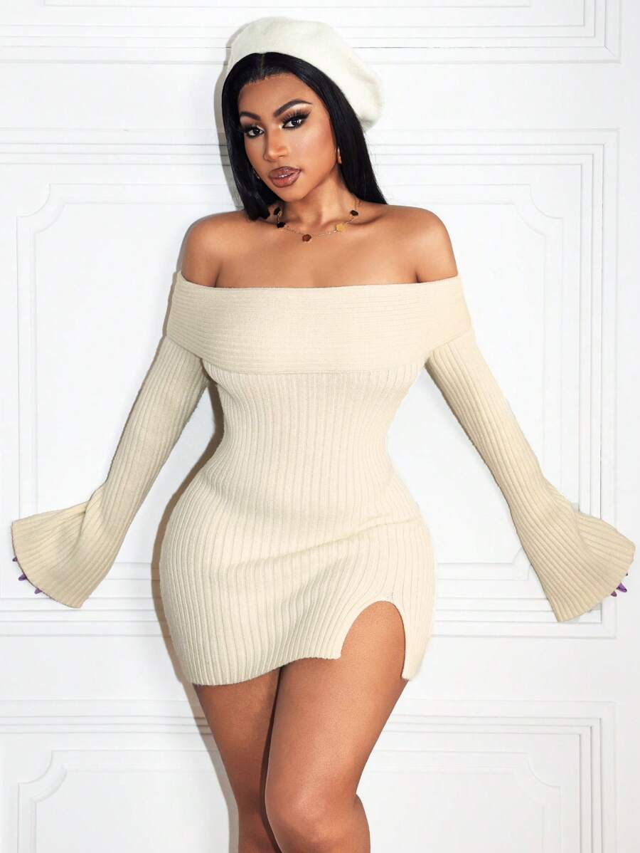 Zolique Women's Minimalist Elegant Off-Shoulder Bell Sleeve Sweater Dress, Autumn/Winter - Beige - View 1