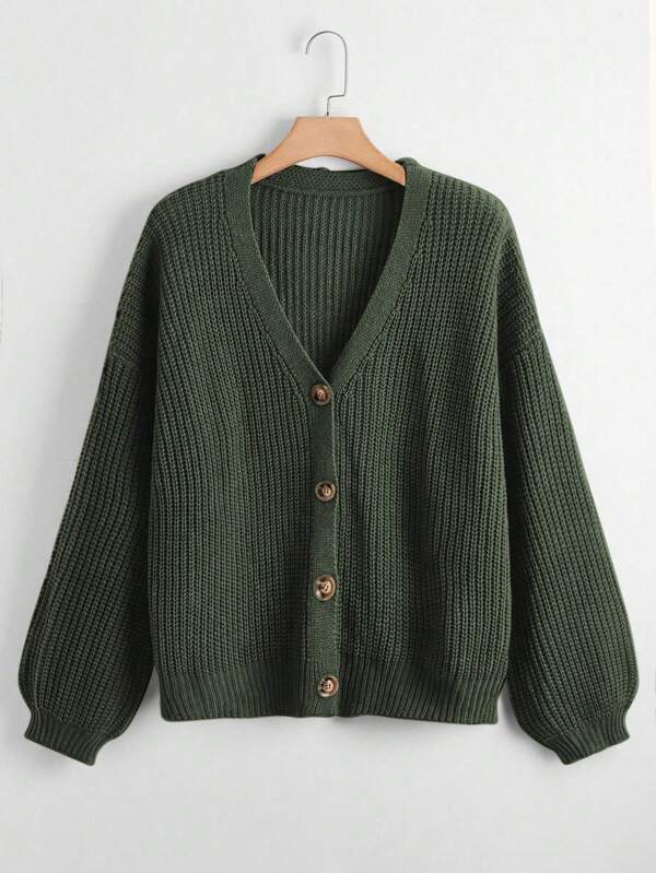SHEIN CURVE+ Große Größen einfarbiger Cardigan mit Laternenärmeln, lässiger Minimalismus, Herbst/Winter