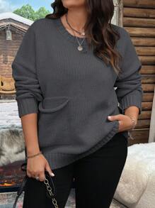 SHEIN LUNE Áo len rộng rãi, giản dị, dáng rộng, cỡ lớn, mùa thu/đông - Màu xám đen - Xem 4