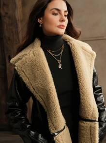 SHEIN x Carly Lawrence Anewsta 1pc Fashionable Premium Modern Detachable Faux Shearling Black Coat For Autumn/Winter - Black - View 7